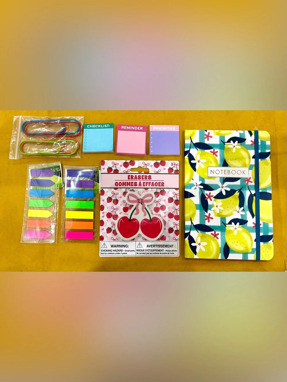 Cherry Shaped Eraser & Lemon Floral Notebook Colorful Stationery Set